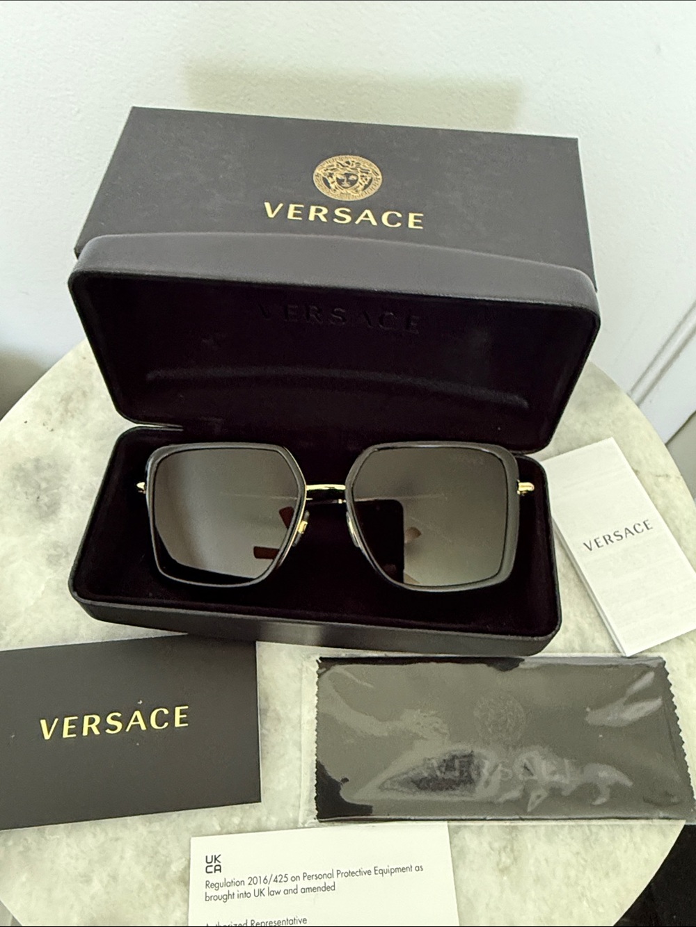 Versace Dark Gray Square ladies Sunglasses in Black and Gold VE2261100287, 56